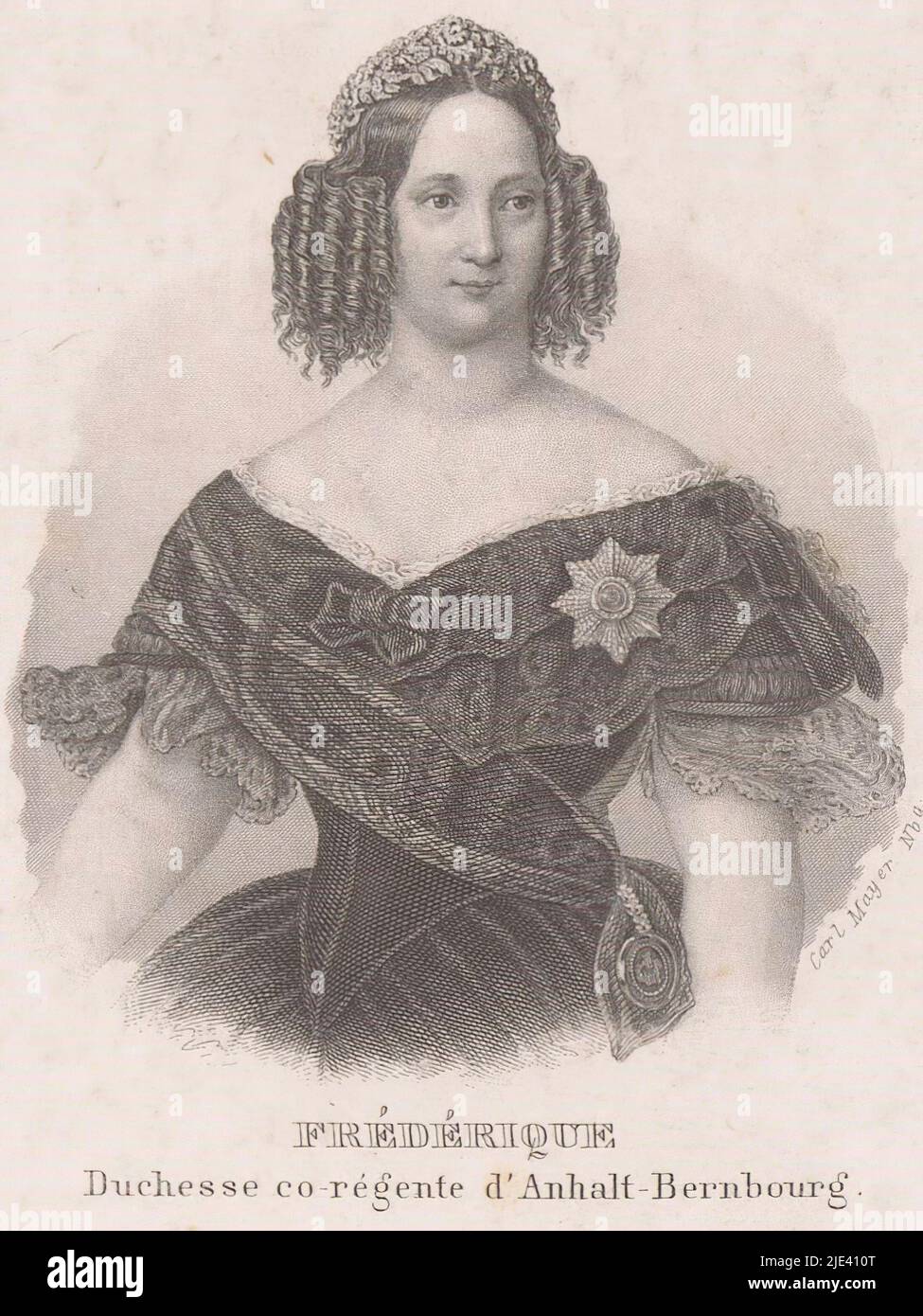Portrait of Frederica of Schleswig-Holstein-Sonderburg-Glücksburg, Duchess of Anhalt-Bernburg, Carl Mayer, 1811 - 1868, print maker: Carl Mayer, (mentioned on object), Neurenberg, 1811 - 1868, paper, steel engraving, h 102 mm - w 72 mm Stock Photo