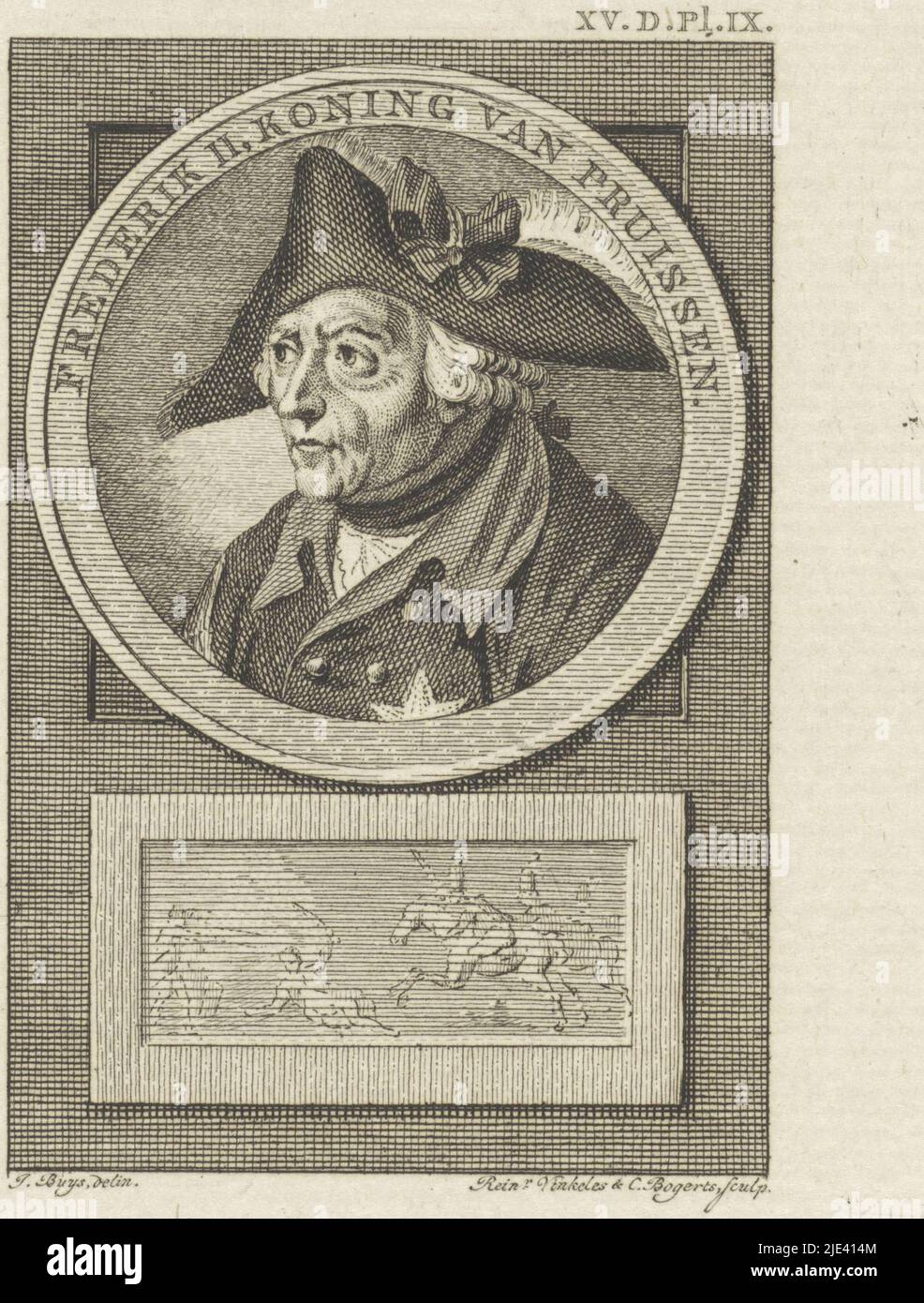 Portrait of Frederick the Great, Reinier Vinkeles (I), after Jacobus Buys, 1783 - 1795, Portrait of Frederick the Great, King of Prussia. Below the portrait and battle with horsemen. Top right: XV.D.Pl.IX., print maker: Reinier Vinkeles (I), (mentioned on object), print maker: Cornelis Bogerts, (mentioned on object), intermediary draughtsman: Jacobus Buys, (mentioned on object), Amsterdam, 1783 - 1795, paper, etching, engraving, h 169 mm × w 112 mm Stock Photo