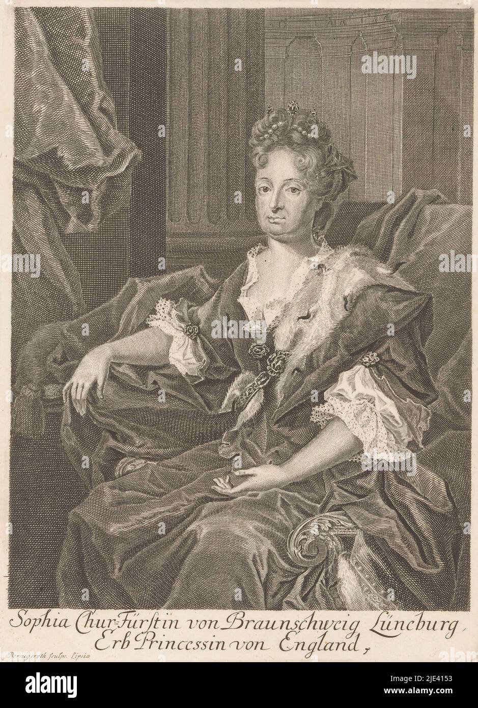 Portrait of Sophia of Hanover, Duchess of Brunswick-Luneburg, Johann Martin Bernigeroth, 1701 - 1714, print maker: Johann Martin Bernigeroth, (mentioned on object), Leipzig, 1701 - 1714, paper, engraving, h 221 mm - w 161 mm Stock Photo