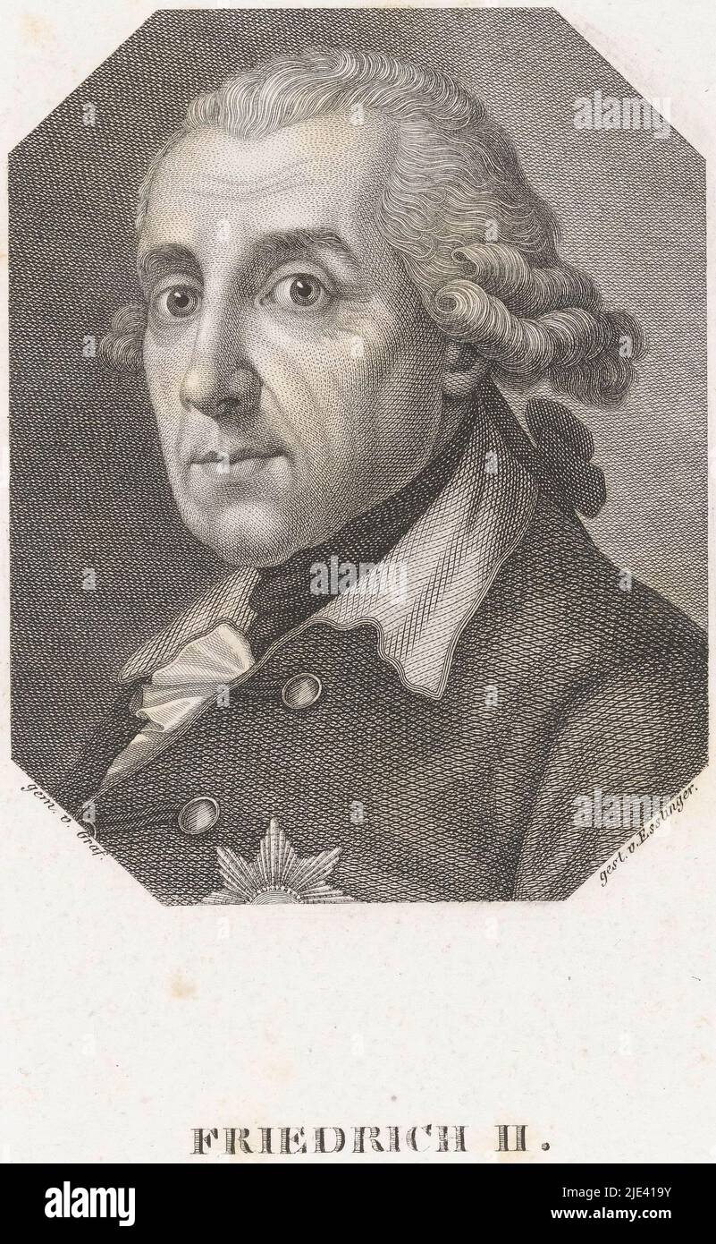 Portrait of Frederick the Great, Martin Esslinger, after Anton Graff, 1818 - 1832, print maker: Martin Esslinger, (mentioned on object), after: Anton Graff, (mentioned on object), publisher: gebroeders Schumann, (mentioned on object), Zwickau, 1818 - 1832, paper, steel engraving, h 179 mm - w 135 mm Stock Photo