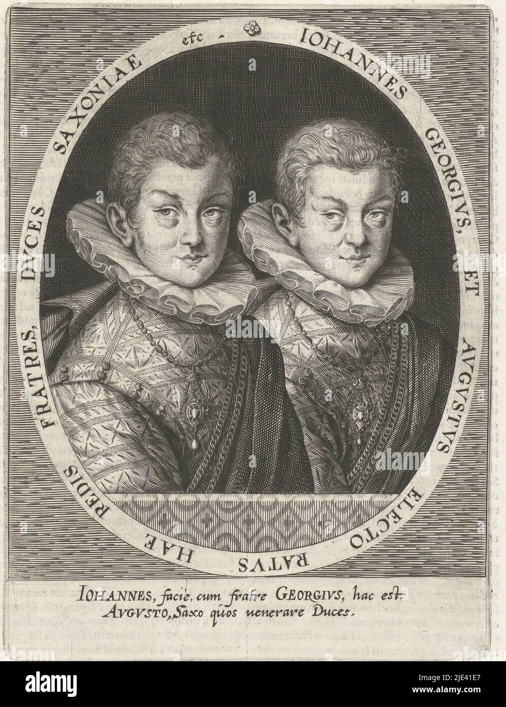 Double portrait of Johann Georg and August of Saxony, Dominicus Custos, 1601, print maker: Dominicus Custos, Augsburg, 1601, paper, engraving, letterpress printing, h 193 mm × w 142 mm, h 285 mm × w 200 mm Stock Photo