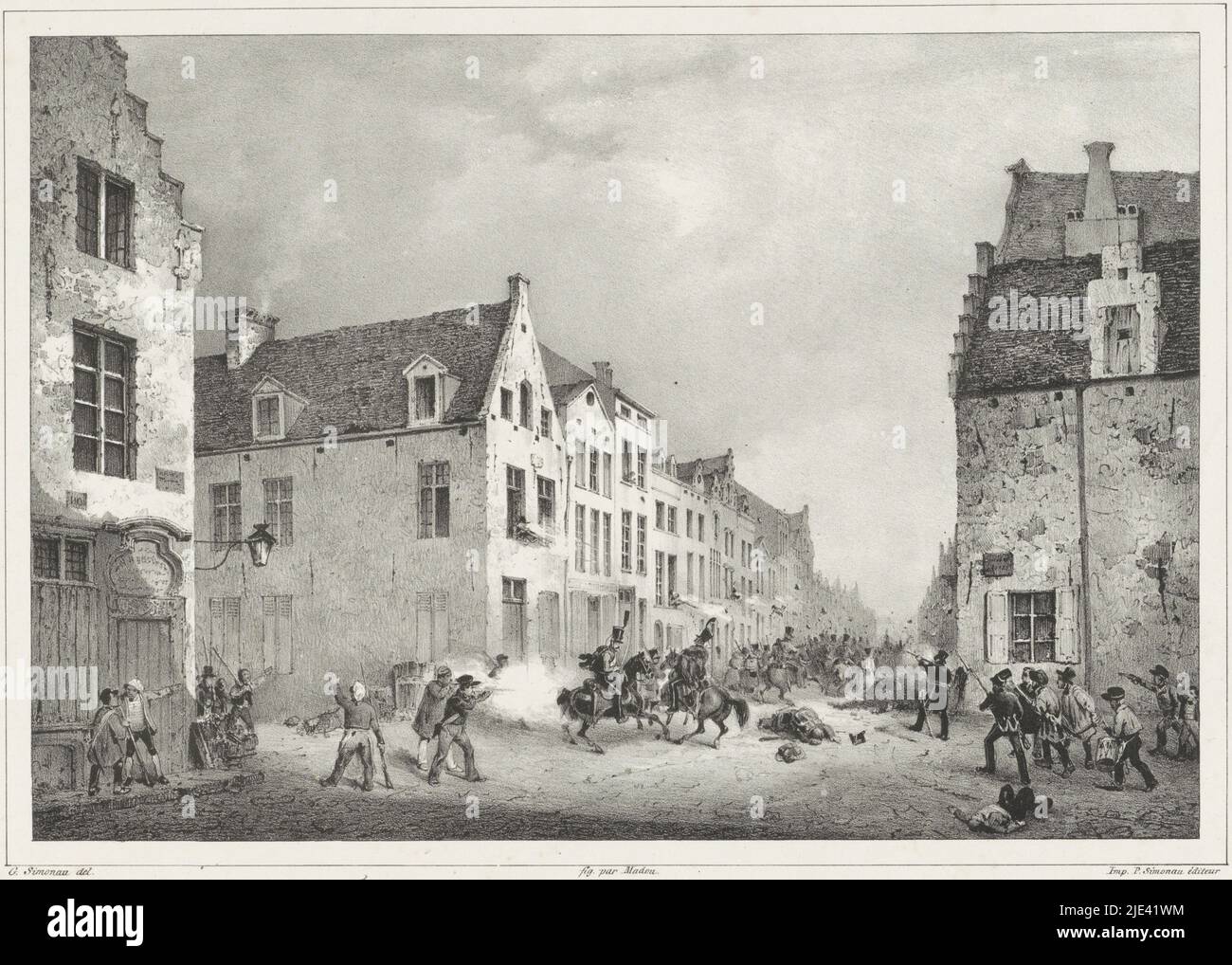 Fighting at the Flemish Gate, 1830, Gustave Adolphe Simonau, after Jean Baptiste Madou, 1830 - 1831, Belgian insurgents chase a Dutch division to flight at Porte de Flandre (Flemish Gate), Brussels, September 23, 1830. Part of a series of six plates of the fighting in Brussels in September., print maker: Gustave Adolphe Simonau, (mentioned on object), intermediary draughtsman: Jean Baptiste Madou, (mentioned on object), publisher: Pierre Simonau, (mentioned on object), Brussels, 1830 - 1831, paper, h 280 mm × w 384 mm Stock Photo