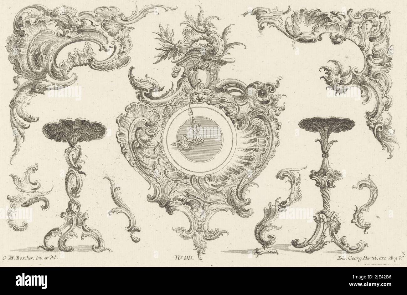 Clock and tables, anonymous, after Georg Michel Roscher, 1705 - 1775, Rocaille ornaments and clock and high side tables with rocaille base. Publisher's number 99., print maker: anonymous, Georg Michel Roscher, (mentioned on object), publisher: Johann Georg Hertel (I), (mentioned on object), Augsburg, 1705 - 1775, paper, etching, h 195 mm - w 296 mm Stock Photo