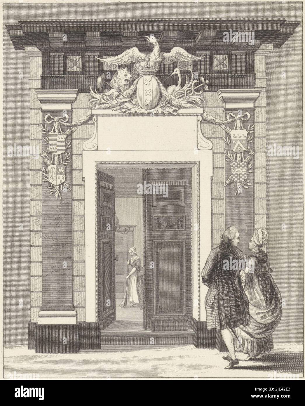 Corvershof, Harmanus Vinkeles, after Jacob Otten Huslij, 1773, Couple at a door. In the interior, a maid is visible sweeping the floor. Possibly the Corvershof in Amsterdam., print maker: Harmanus Vinkeles, Jacob Otten Huslij, Amsterdam, 1773, paper, etching, h 233 mm × w 160 mm Stock Photo