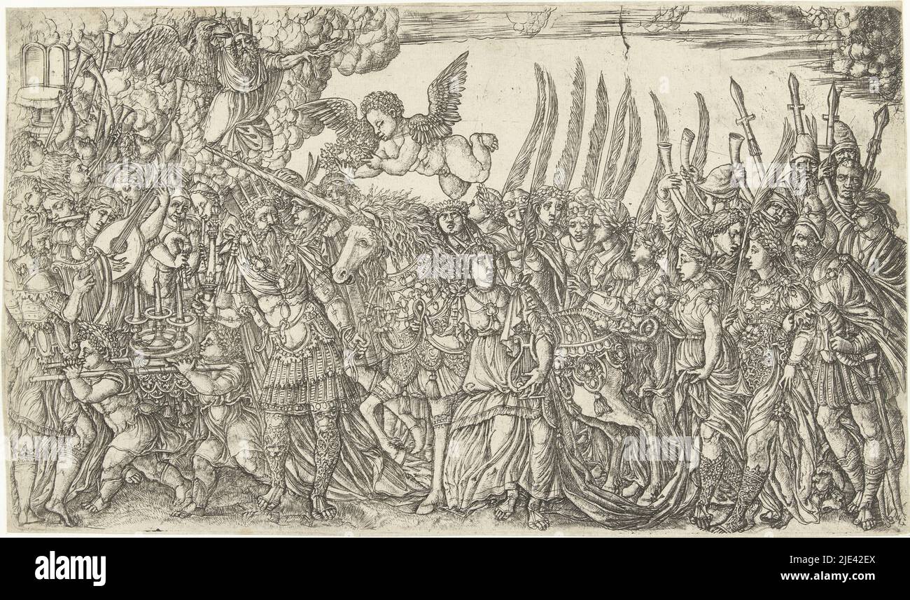 The Triumph of the Unicorn, Jean Duvet, 1540 - 1550, Triumphal procession with the unicorn, led by a king and queen, followed by women with palm branches and soldiers. To the right, music-making men and women. In a cloud in the sky God the Father as Zeus, with the Holy Spirit as an eagle. Together with the Unicorn as the Son, the Holy Trinity is represented. And Unicorn is crowned by an angel with a wreath of oak leaves. Fifth print in a series of six., print maker: Jean Duvet, Jean Duvet, France, 1540 - 1550, paper, engraving, h 229 mm × w 394 mm Stock Photo