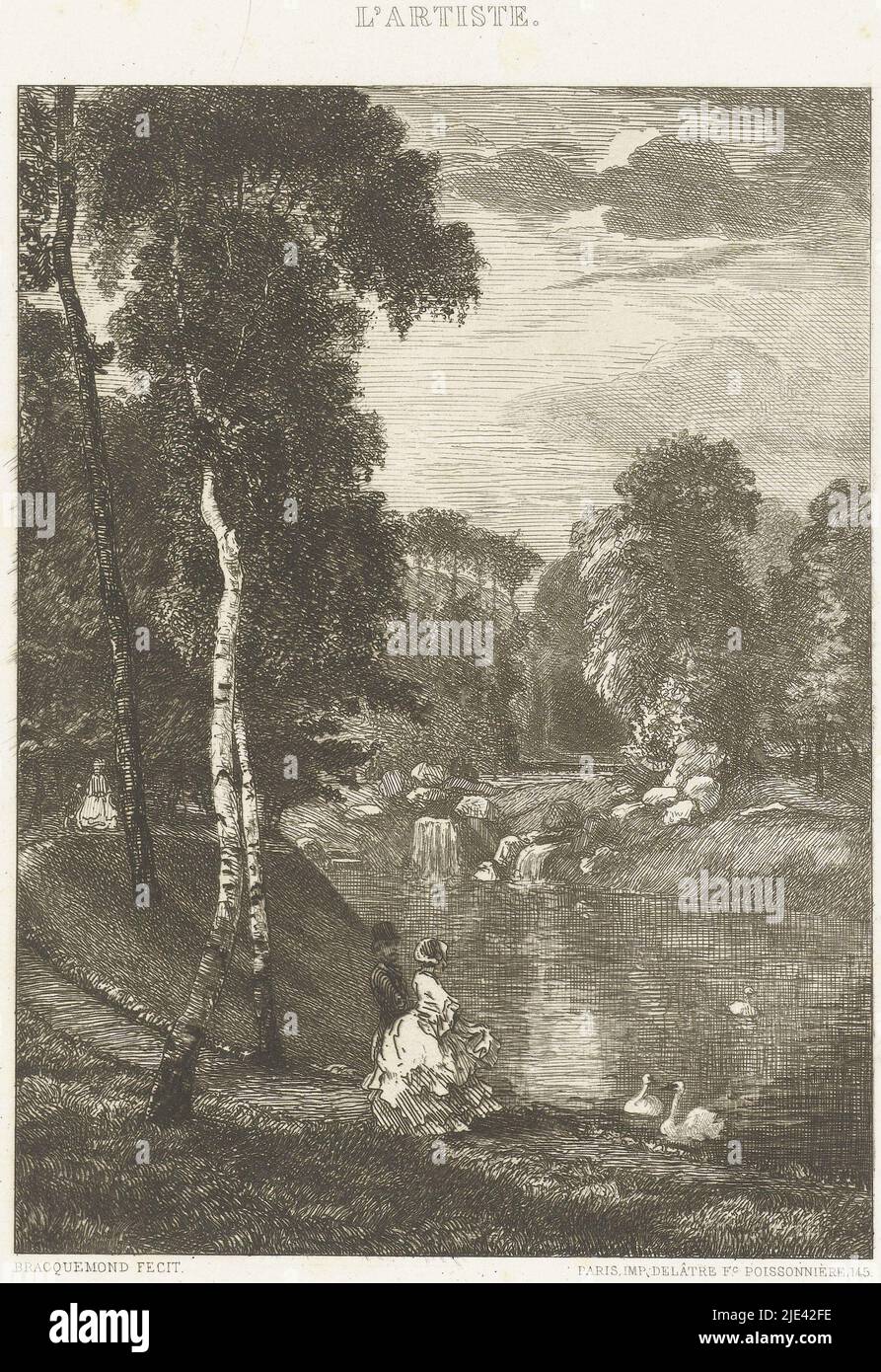 Park Bois du Boulogne with walkers by pond in Paris, Félix Bracquemond, 1857, Park Bois de Boulogne in Paris with pond and two walkers looking at swans in the water. A small waterfall with boulders is in the middle plan., print maker: Félix Bracquemond, (mentioned on object), Félix Bracquemond, printer: Auguste Delâtre, (mentioned on object), print maker: France, printer: Paris, 17-May-1857 and/or 1857 Stock Photo