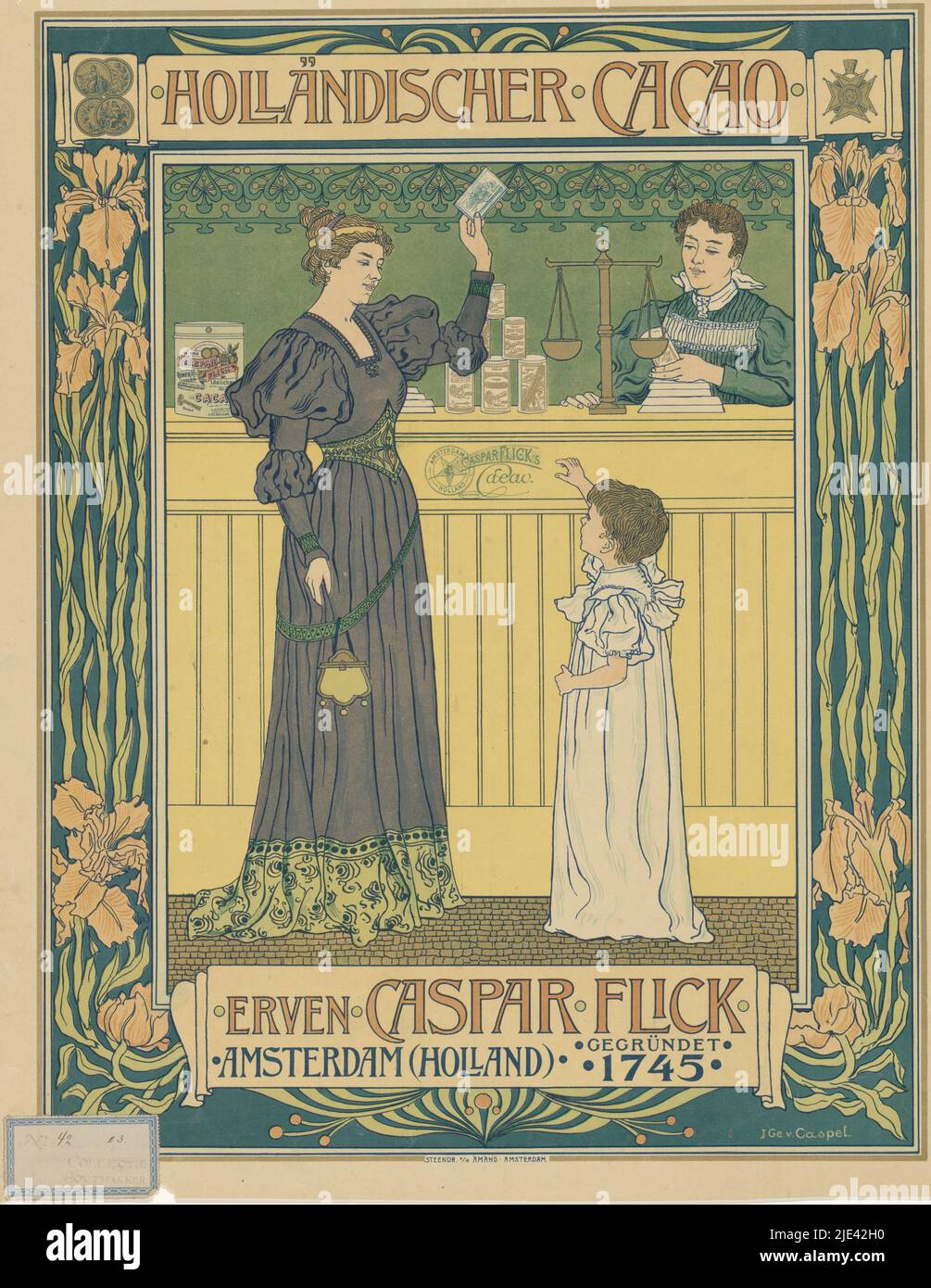 Höllandischer Cacao. Caspar Flick heirs, Johann Georg van Caspel, 1897, A woman and a girl stand in front of a counter and buy a can of cocoa. Poster for Flicks cocoa., print maker: Johann Georg van Caspel, (mentioned on object), designer: Johann Georg van Caspel, (mentioned on object), printer: Steendrukkerij voorheen Amand N.V., (mentioned on object), Amsterdam, 1897, paper, h 503 mm × w 413 mm Stock Photo