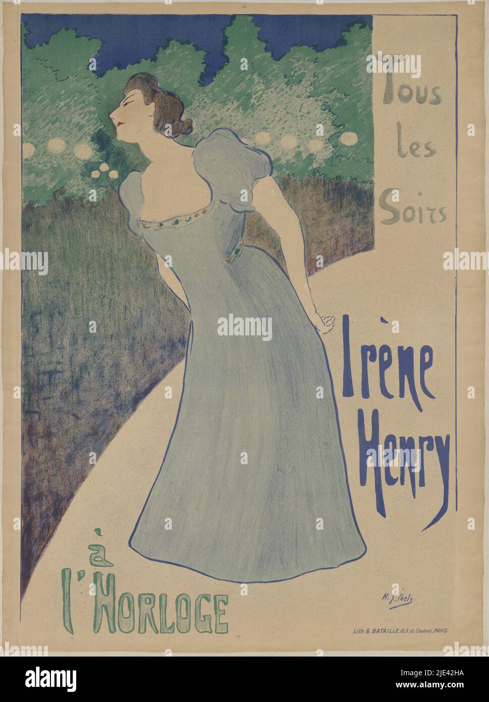 Advertising bill: Irène Henry à l'Horloge, Henri Gabriel Ibels, 1877 - 1912, print maker: Henri Gabriel Ibels, printer: G. Bataille, 1877 - 1936, paper, w 950 mm × h 1280 mm Stock Photo