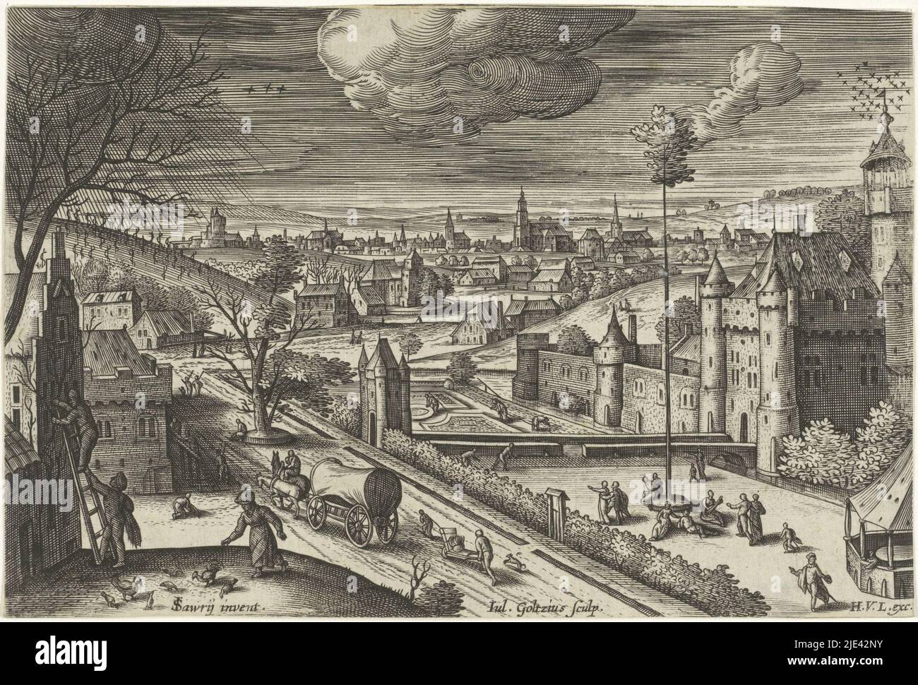 Landscape with a castle, Julius Goltzius, after Jacob Savery (I), c. 1560 - 1595, A landscape with a castle on the right, alongside a road. In the background a town. On the right, people are collecting brushwood., print maker: Julius Goltzius, (mentioned on object), Jacob Savery (I), (mentioned on object), publisher: Hans van Luyck, (mentioned on object), Antwerp, c. 1560 - 1595, paper, engraving, w 173 mm × h 115 mm Stock Photo