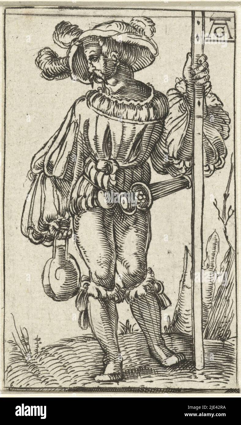 Standing country squire with bottle, anonymous, 1500 - 1600, Soldier standing, in left hand a stick, in his right hand a drinking bottle., print maker: anonymous, print maker: Heinrich Aldegrever, (rejected attribution), Germany, 1500 - 1600, paper, engraving, h 68 mm × w 42 mm Stock Photo