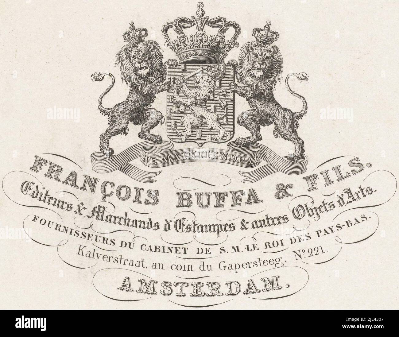 Business card of Frans Buffa and sons, Henricus Wilhelmus Couwenberg, 1830 - 1845, Coat of arms of the Netherlands with motto: Je Maintiendrai; name and address of the firm of Frans Buffa and sons, purveyor to the court., print maker: Henricus Wilhelmus Couwenberg, Amsterdam, 1830 - 1845, paper, etching, h 75 mm × w 102 mm Stock Photo