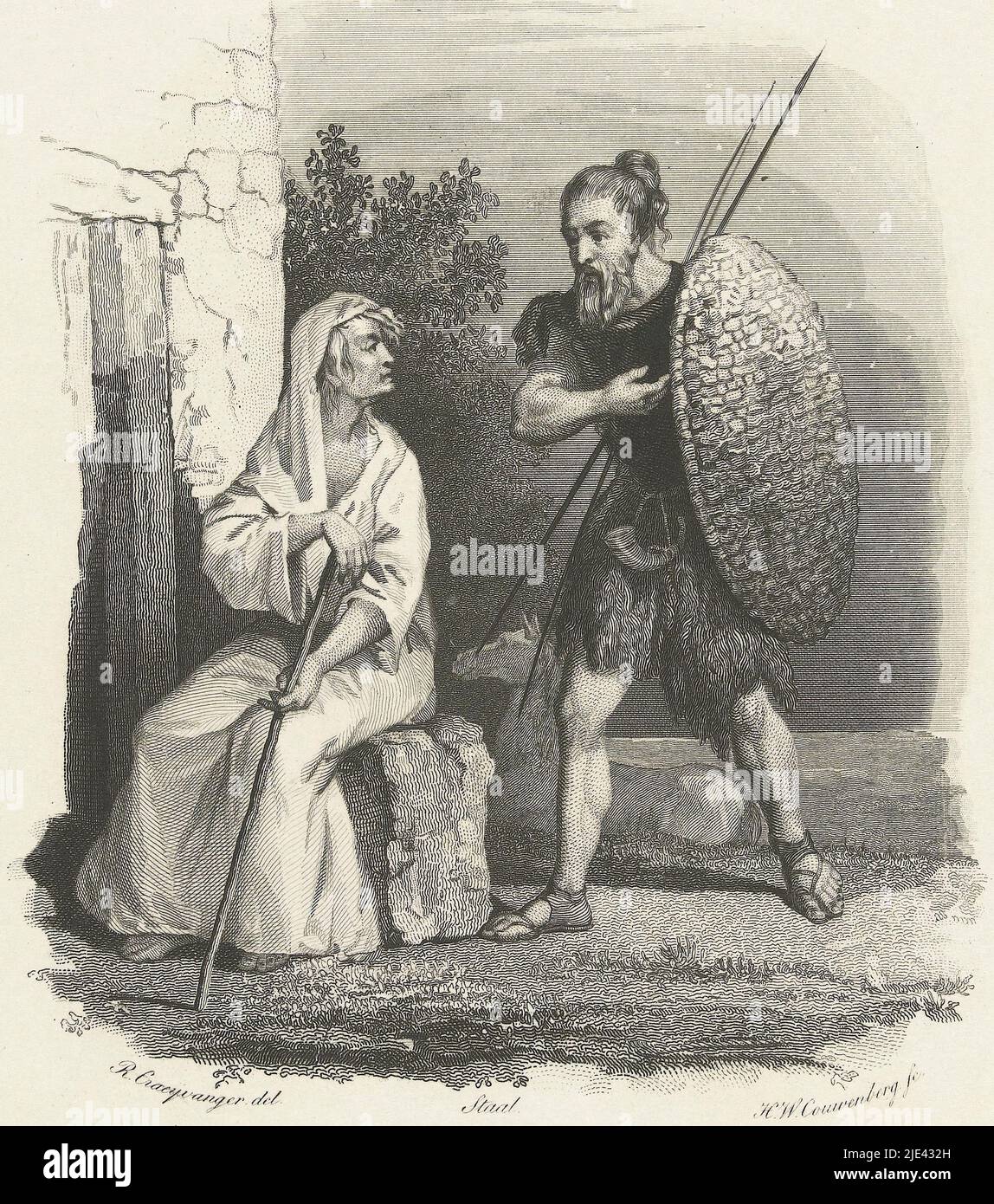 Title illustration for 'Our Ancestors', Henricus Wilhelmus Couwenberg, after Reinier Craeyvanger, 1838, A primeval man armed with shield and spear walks to a house in front of which an old woman is sitting. The woman is dressed in a white robe and holds a stick in her hand. In the background, a white horse lies on the ground., print maker: Henricus Wilhelmus Couwenberg, (mentioned on object), intermediary draughtsman: Reinier Craeyvanger, (mentioned on object), Amsterdam, 1838, paper, steel engraving, h 245 mm - w 160 mm Stock Photo