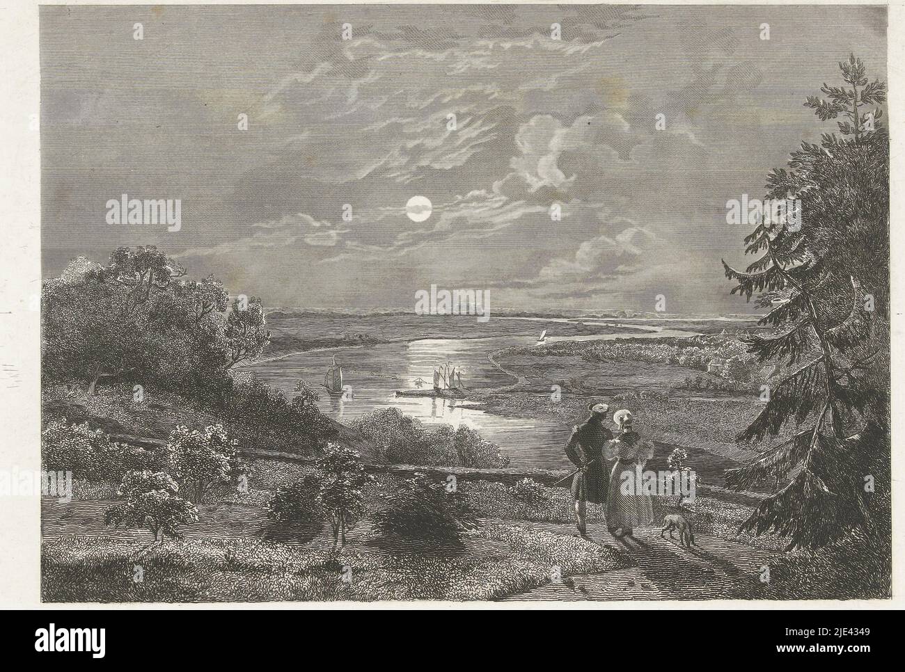 View of the Rhine and the Hunneschans near the village of Uddel by moonlight, Henricus Wilhelmus Couwenberg, after Abraham Johannes Couwenberg, 1838, print maker: Henricus Wilhelmus Couwenberg, (mentioned on object), intermediary draughtsman: Abraham Johannes Couwenberg, (mentioned on object), 1838, paper, steel engraving, h 250 mm × w 300 mm Stock Photo