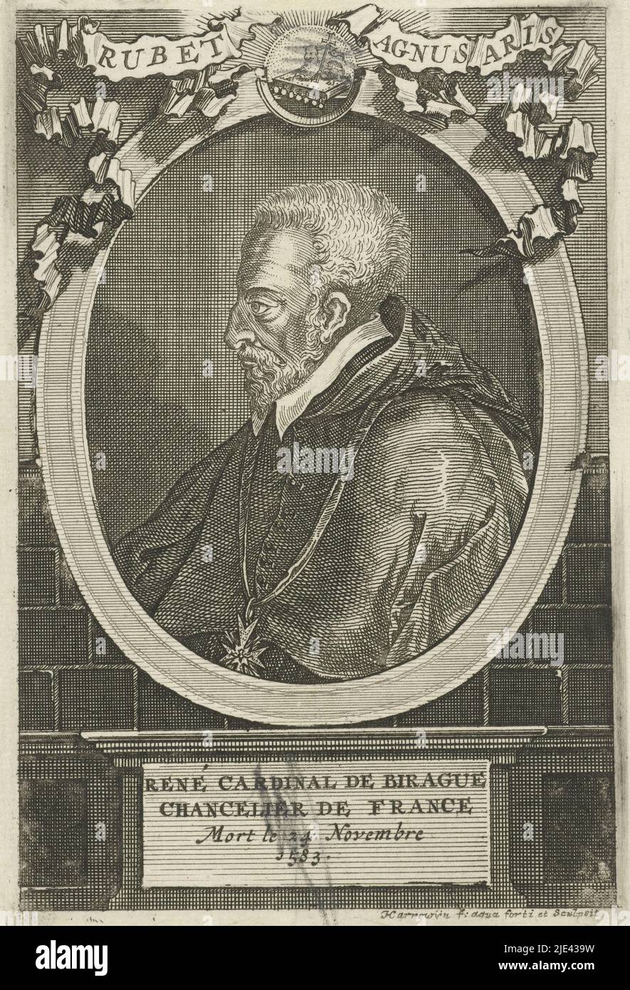 Portrait of Rene de Birague, Jacobus Harrewijn, 1682 - 1730, Bust to the left of Rene de Birague in an oval. Above the portrait an image of the Lamb of God lying on a book with the motto: Rubet agnus aris. Below the portrait four lines in French., print maker: Jacobus Harrewijn, (mentioned on object), print maker: Pieter van Gunst, (rejected attribution), Low Countries, 1682 - 1730, paper, etching, engraving, h 142 mm × w 94 mm Stock Photo