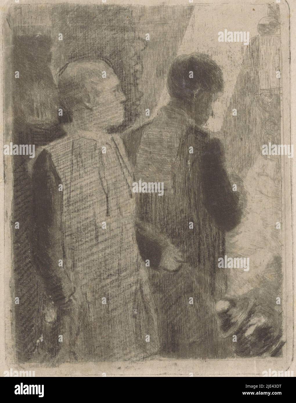 Two children, Marinus van der Maarel, 1867 - 1913, Two children in gown, possibly choirboys., print maker: Marinus van der Maarel, 1867 - 1913, paper, etching, h 158 mm × w 120 mm Stock Photo