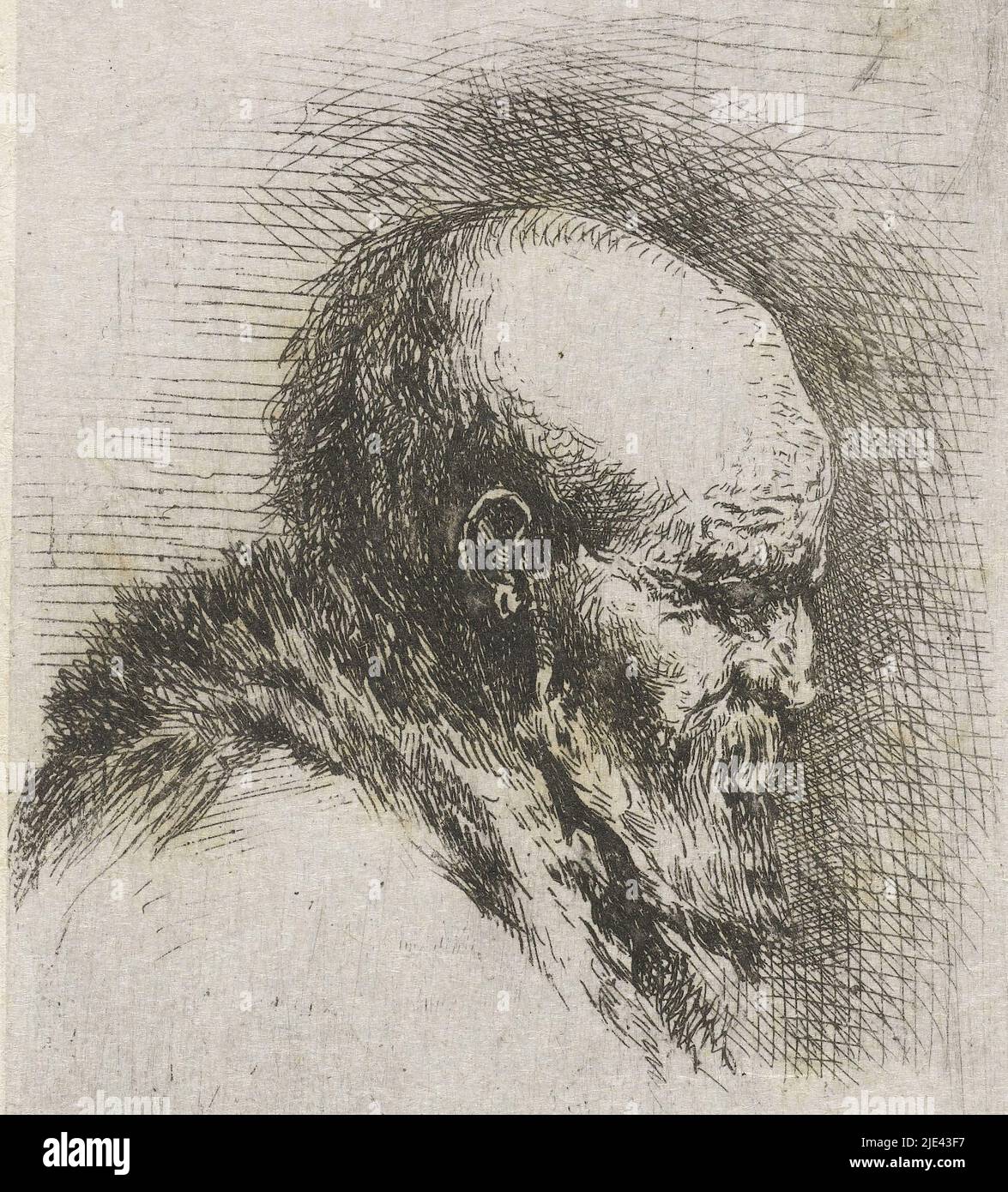 Portrait of an old man, Cornelis Justinus Geisweit van der Netten, 1858, An old bald man with a beard. Bust en profil to the right., print maker: Cornelis Justinus Geisweit van der Netten, (mentioned on object), Netherlands, 1858, paper, etching, h 72 mm - w 51 mm Stock Photo