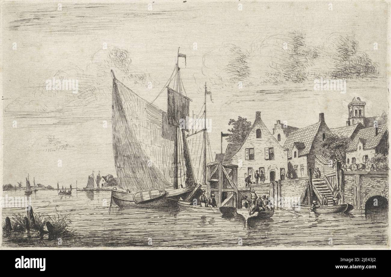 Sailing ships and sloops at the quay near a village, Henri Adolphe ...