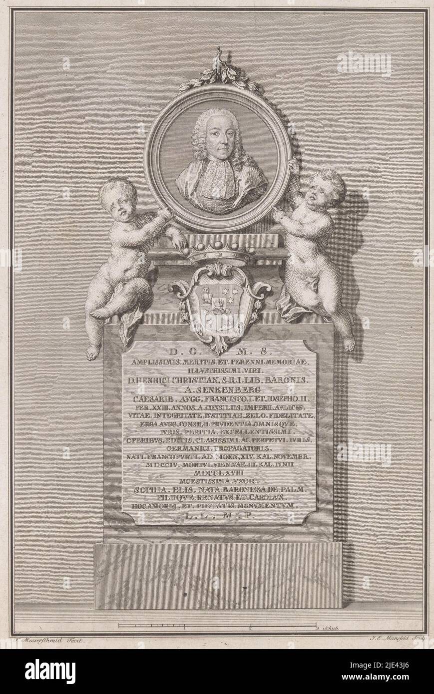 Monument to Heinrich Christian von Senckenberg, Johann Ernst Mansfeld, 1749 - 1796, print maker: Johann Ernst Mansfeld, (mentioned on object), Franz Xaver Messerschmidt, (mentioned on object), 1749 - 1796, paper, engraving, h 310 mm × w 215 mm Stock Photo