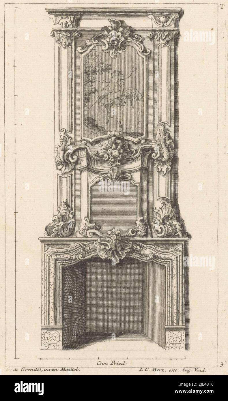 Mantelpiece with a depiction of Boreas abducting Oreithyia, anonymous, Gerrit de Grendel, 1704 - 1762, Design for a mantelpiece with a depiction of Boreas abducting Oreithyia. The mantelpiece is decorated with rocaille ornaments, volutes and fruits., print maker: anonymous, Gerrit de Grendel, (mentioned on object), publisher: Johann Georg Merz, (mentioned on object), Middelburg, publisher: Augsburg, 1704 - 1762, paper, engraving, h 200 mm × w 121 mm Stock Photo