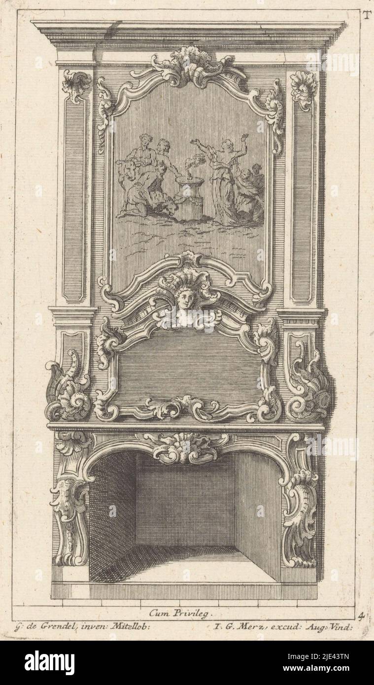 Design for a chimney depicting a sacrifice, anonymous, Gerrit de Grendel, 1704 - 1762, Design for a chimney depicting several figures at a sacrificial column. Possibly the sacrifice of Iphigenia. The mantelpiece is decorated with rocaille ornaments and a woman's mask., print maker: anonymous, Gerrit de Grendel, (mentioned on object), publisher: Johann Georg Merz, (mentioned on object), Middelburg, publisher: Augsburg, 1704 - 1762, paper, engraving, h 198 mm × w 116 mm Stock Photo