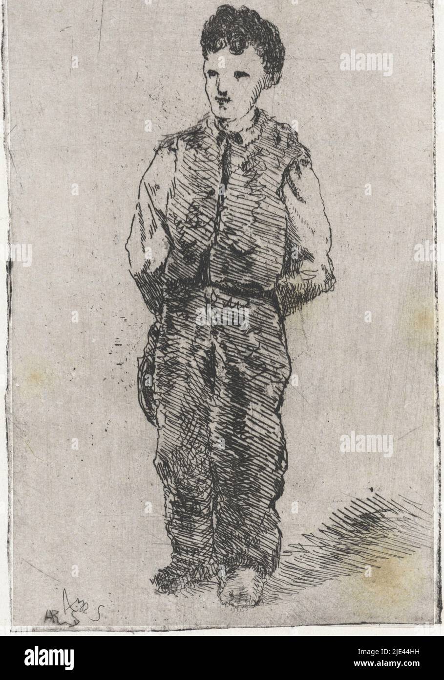 Young man in overalls, Arnoud Schaepkens, 1831 - 1904, print maker: Arnoud Schaepkens, (mentioned on object), 1831 - 1904, paper, etching, drypoint, h 142 mm × w 90 mm Stock Photo