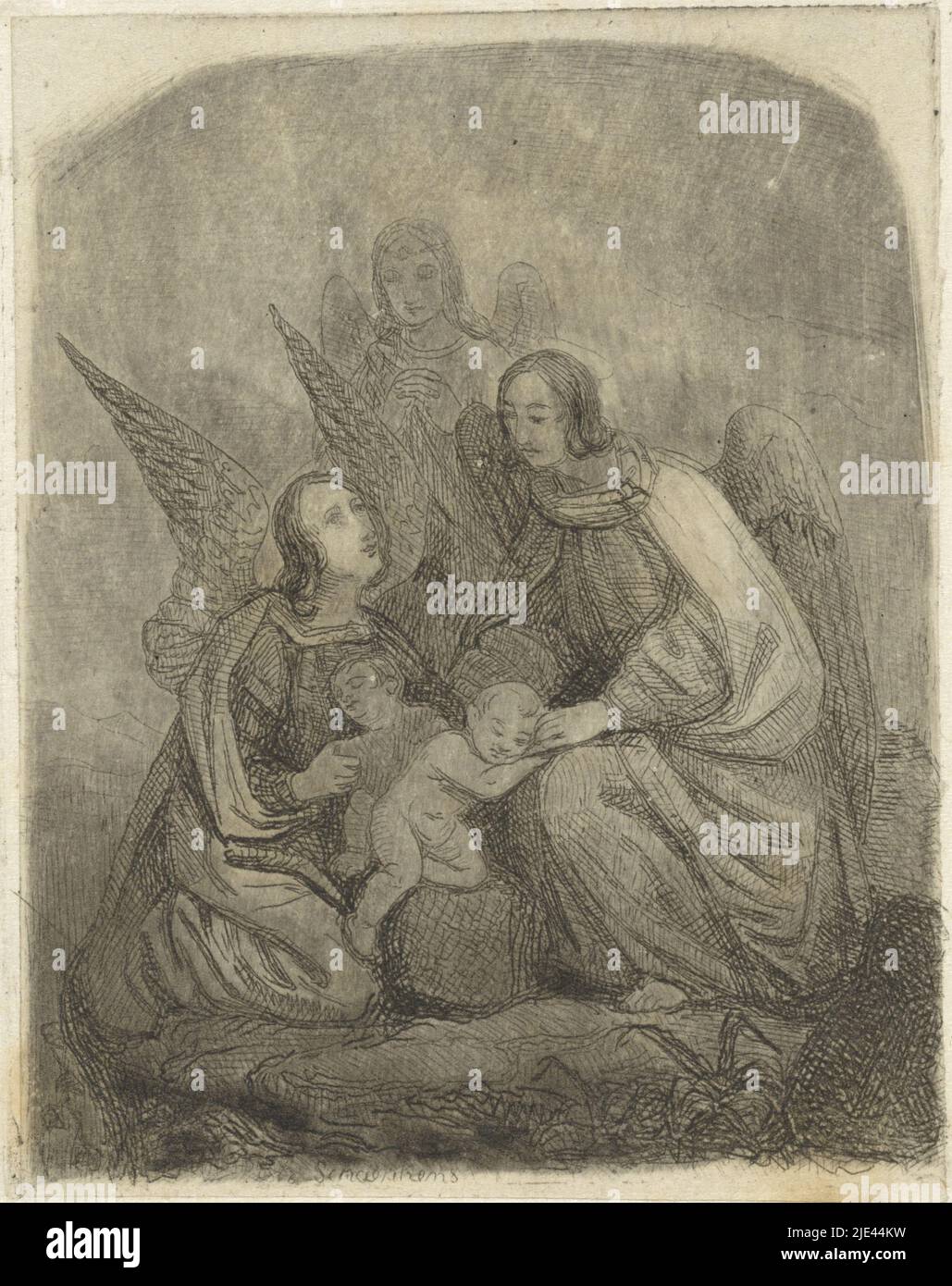 Guardian angels take care of two small children, Theodoor Schaepkens, 1825 - 1883, print maker: Theodoor Schaepkens, (mentioned on object), 1825 - 1883, paper, etching, h 99 mm × w 78 mm Stock Photo