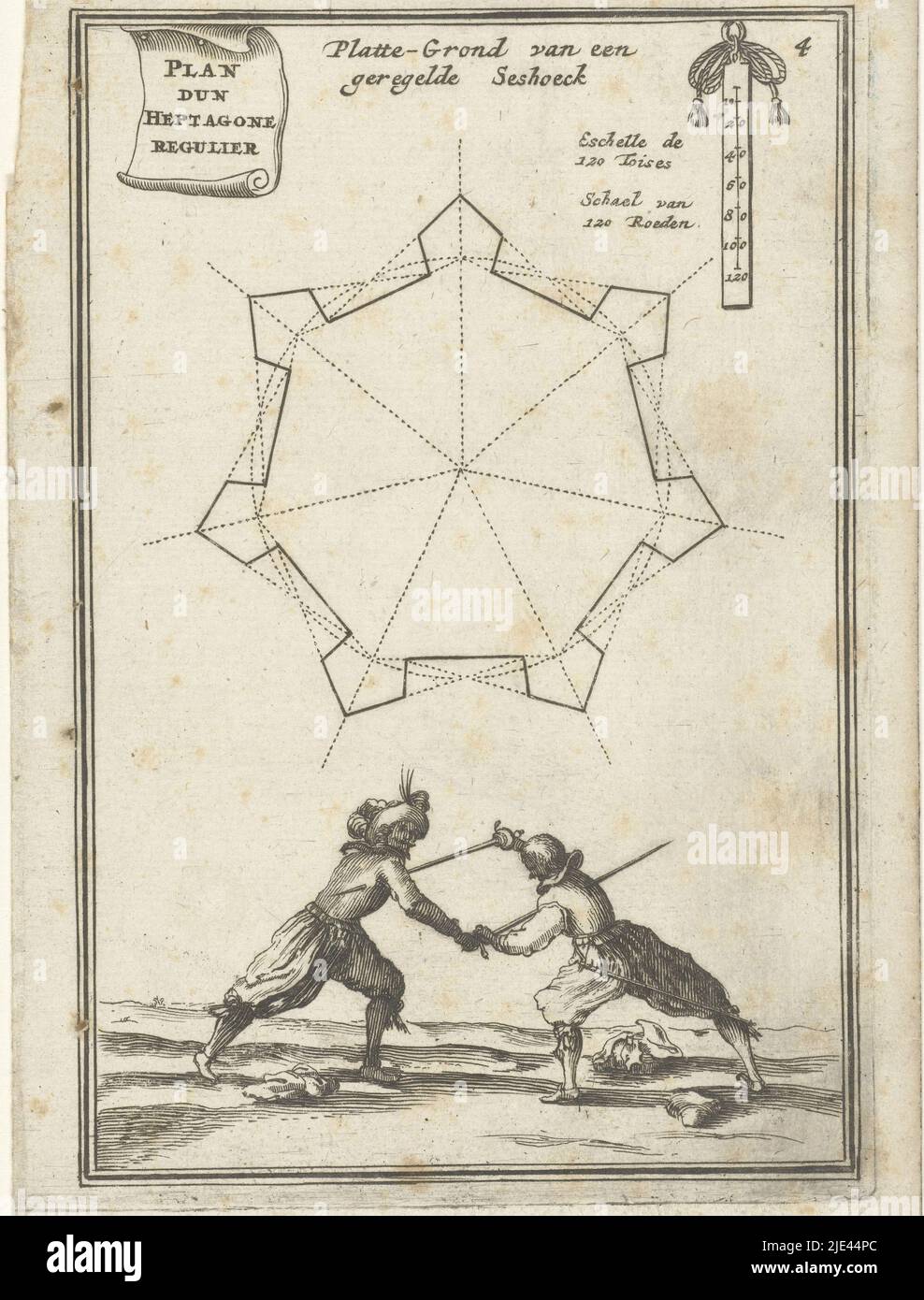 Illustration for 'Den Arbeid van Mars' by Allain Manesson Mallet, Romeyn de Hooghe, 1672, Ground plan for a fortress, fortress or fortification (heptagon). Underneath, two fighting soldiers. In the upper right corner the number 4 (= the number of the page in the book against which the illustration is placed)., print maker: Romeyn de Hooghe, Romeyn de Hooghe, Amsterdam, 1672, paper, etching, h 185 mm × w 111 mm Stock Photo