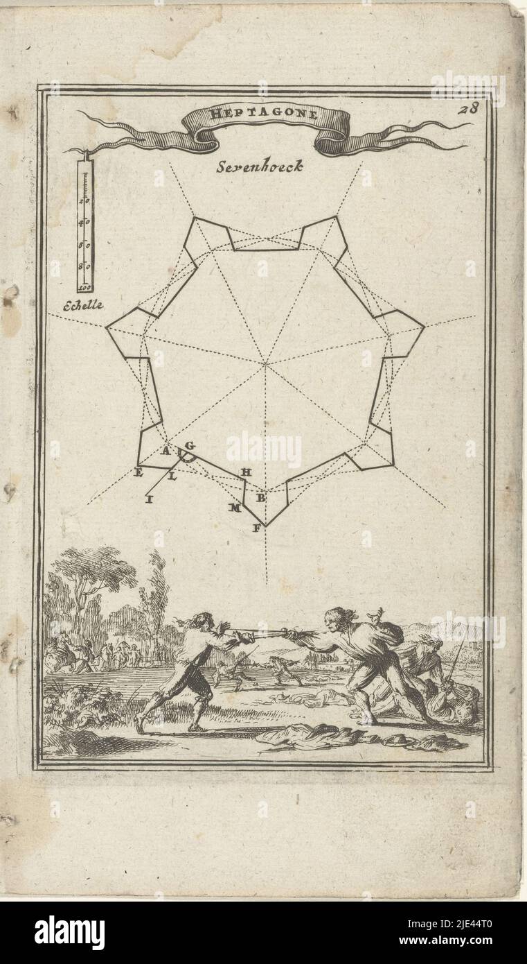 Illustration for 'Den Arbeid van Mars' by Allain Manesson Mallet, Romeyn de Hooghe, 1672, Ground plan for a fortress, fortress or fortification (seven-sided). Below, a few soldiers fighting in pairs with swords. In the upper right corner the number 28 (= the number of the page in the book against which the illustration is placed)., print maker: Romeyn de Hooghe, Romeyn de Hooghe, Amsterdam, 1672, paper, etching, h 185 mm × w 111 mm Stock Photo