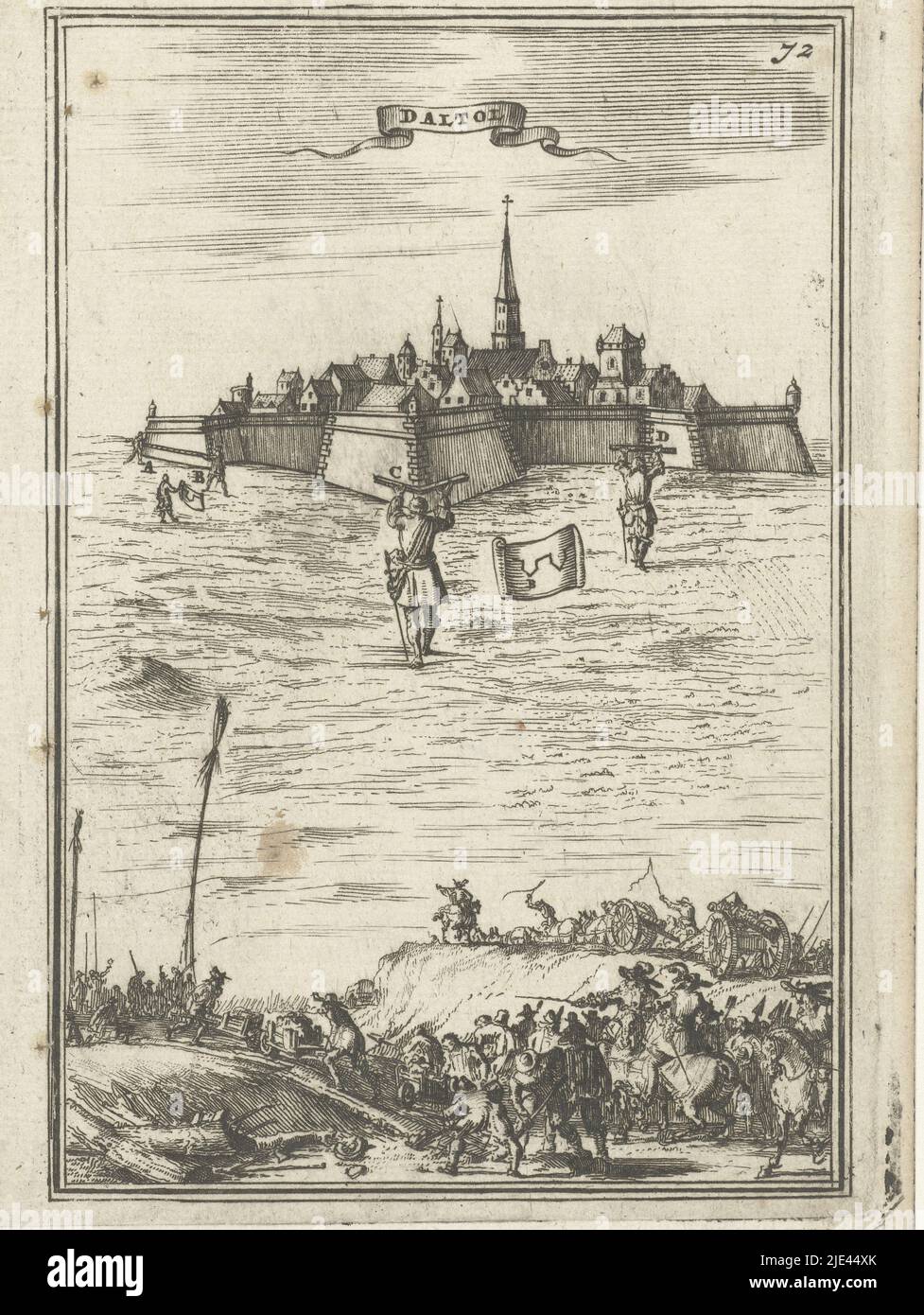 Illustration for 'Den Arbeid van Mars' by Allain Manesson Mallet, Romeyn de Hooghe, 1672, View of a city ('Daltol'); near the walls four men are taking measurements. Below, an army on its way or making quarters. In the top right-hand corner the number 72 (= the number of the page in the book against which the illustration is placed)., print maker: Romeyn de Hooghe, Romeyn de Hooghe, Amsterdam, 1672, paper, etching, engraving, h 185 mm × w 110 mm Stock Photo
