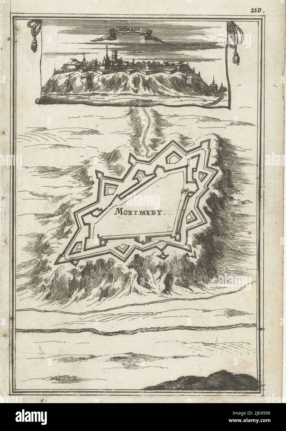 Illustration for 'Den Arbeid van Mars' by Allain Manesson Mallet, Romeyn de Hooghe, 1672, Ground plan of a fortress on a mountain (Montmédy). Above it, as if on a canvas or piece of paper, a view of the town in question. In the upper right-hand corner the number 110 (= the number of the page in the book against which the illustration is placed)., print maker: Romeyn de Hooghe, Romeyn de Hooghe, Amsterdam, 1672, paper, etching, engraving, h 185 mm × w 112 mm Stock Photo