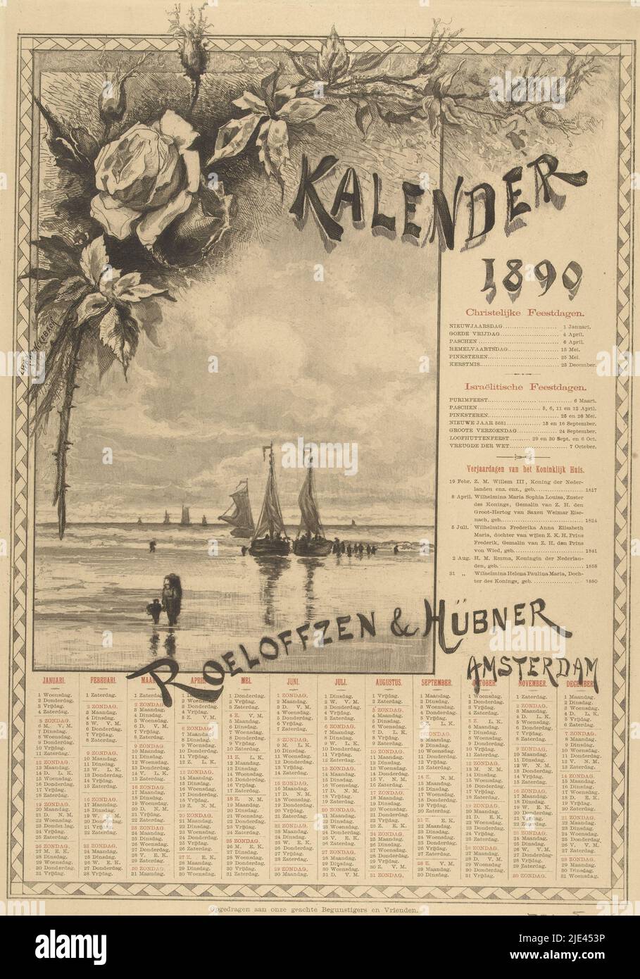Calendar sheet for the year 1890, Petrus Johannes Arendzen, after Willem Wenckebach, 1889, Calendar sheet for the customers of printing house Roeloffzen &amp; Hübner in Amsterdam, depicting a seascape with fishing boats on the beach. Next to the image lists of holidays, below the image a calendar., print maker: Petrus Johannes Arendzen, (mentioned on object), Willem Wenckebach, (mentioned on object), printer: N. V. Roeloffzen & Hübner, Amsterdam, 1889, paper, etching, letterpress printing, h 475 mm × w 330 mm Stock Photo