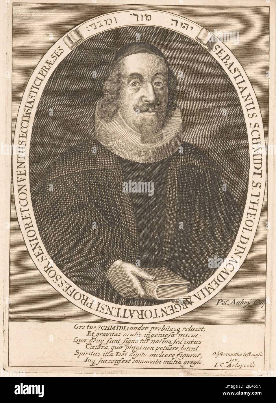 Portrait of Sebastian Schmidt, Peter Aubry (II), 1620 - 1686, print maker: Peter Aubry (II), (mentioned on object), Johann Christoph Artopoeus, (mentioned on object), Straatsburg, 1620 - 1686, paper, engraving, h 196 mm - w 139 mm Stock Photo