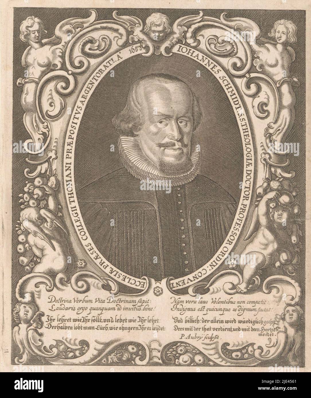 Portrait of Johann Schmidt, Peter Aubry (II), after Sebastian Stoskopff, 1653, print maker: Peter Aubry (II), (mentioned on object), after: Sebastian Stoskopff, Straatsburg, 1653, paper, engraving, h 181 mm - w 148 mm Stock Photo