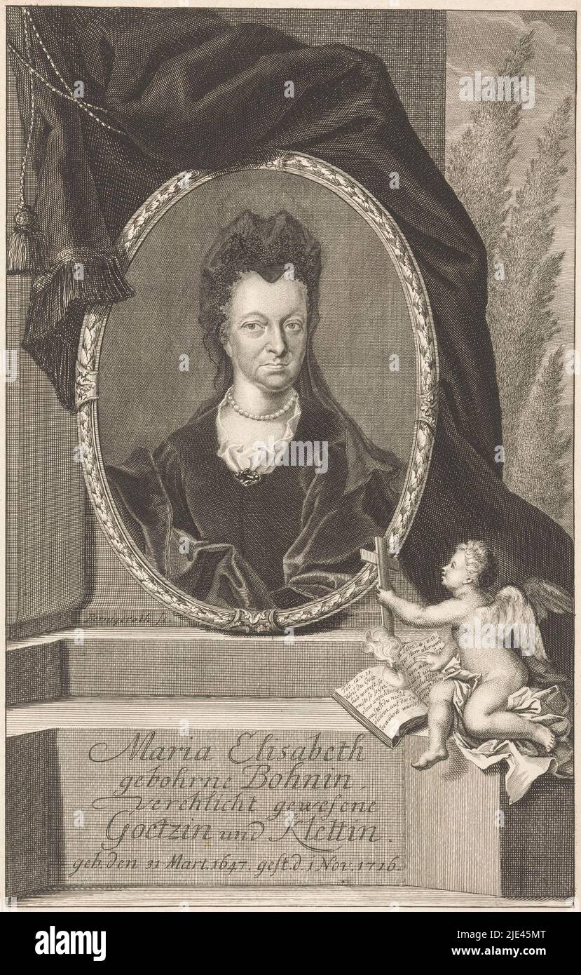 Portrait of Maria Elisabeth Klett, Martin Bernigeroth, 1716 - 1733, print maker: Martin Bernigeroth, (mentioned on object), Leipzig, 1716 - 1733, paper, etching, engraving, h 303 mm × w 197 mm Stock Photo