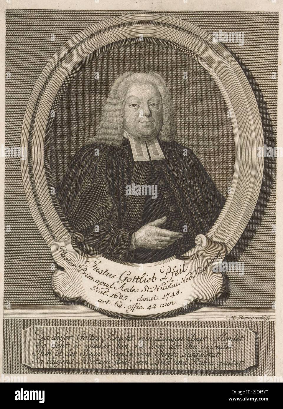 Portrait of Justus Gottlieb Pfeil, Johann Martin Bernigeroth, 1748 - 1767, print maker: Johann Martin Bernigeroth, (mentioned on object), Leipzig, 1748 - 1767, paper, engraving, h 199 mm - w 155 mm Stock Photo