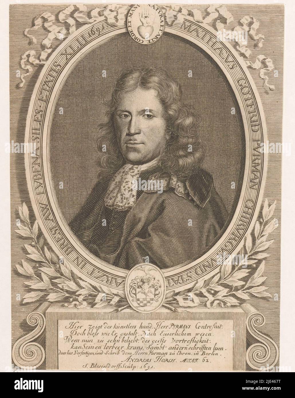 Portrait of Matthias Gottfried Purmann, Samuel Blesendorf, 1691, print maker: Samuel Blesendorf, (mentioned on object), Andreas Horch, (mentioned on object), Berlin, 1691, paper, engraving, h 190 mm - w 138 mm Stock Photo