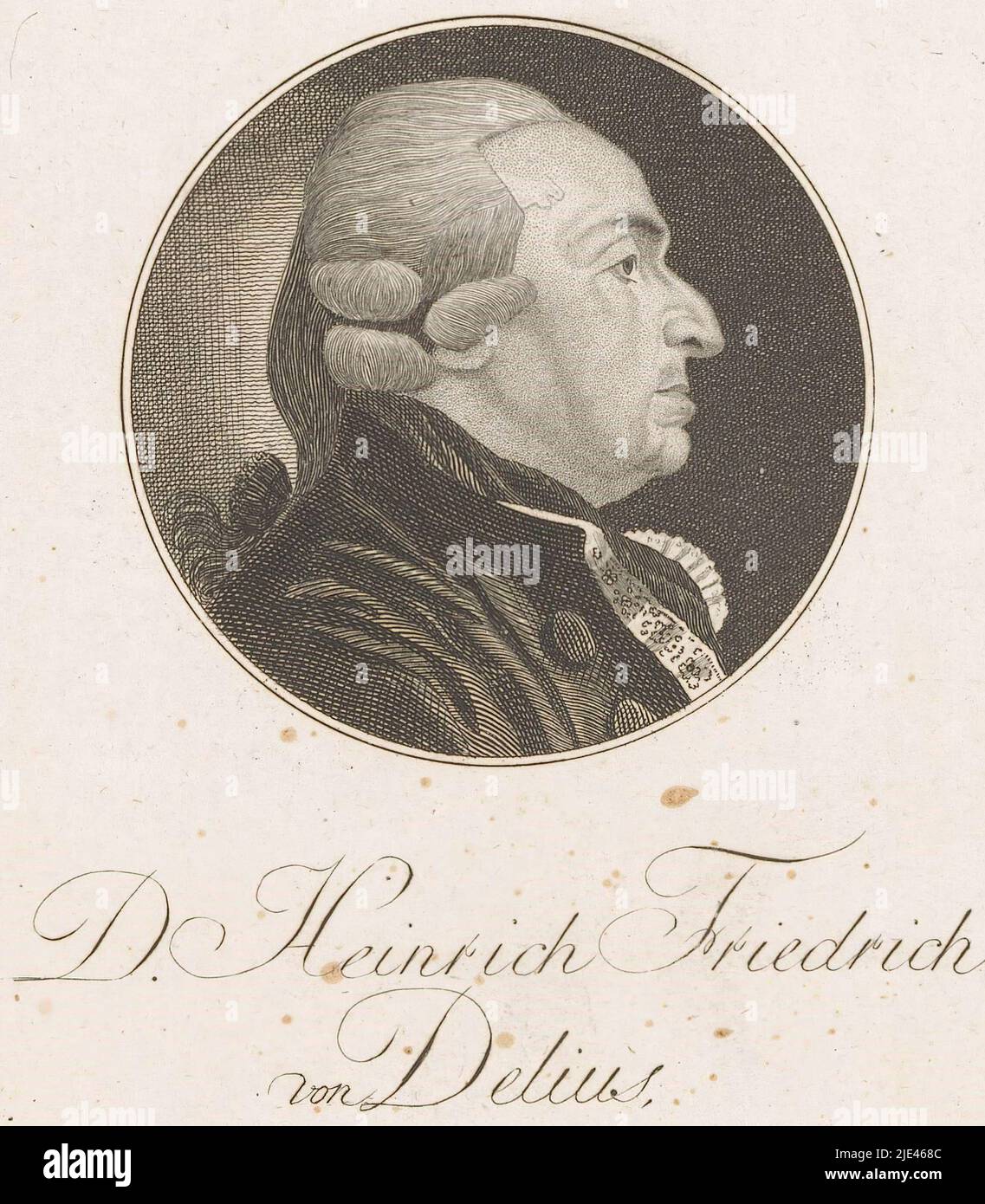 Portrait of Heinrich Friedrich von Delius, Christoph Wilhelm Bock, 1791, print maker: Christoph Wilhelm Bock, (mentioned on object), Christoph Wilhelm Bock, (mentioned on object), Neurenberg, 1791, paper, etching, engraving, h 149 mm - w 93 mm Stock Photo