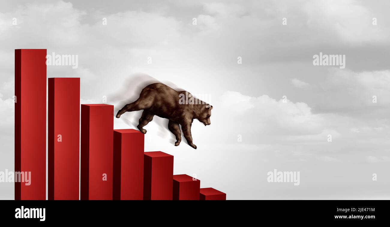 Declining economy and World economy and business decline or economic fall and world business crisis with a bearish market Bear falling with a downward Stock Photo