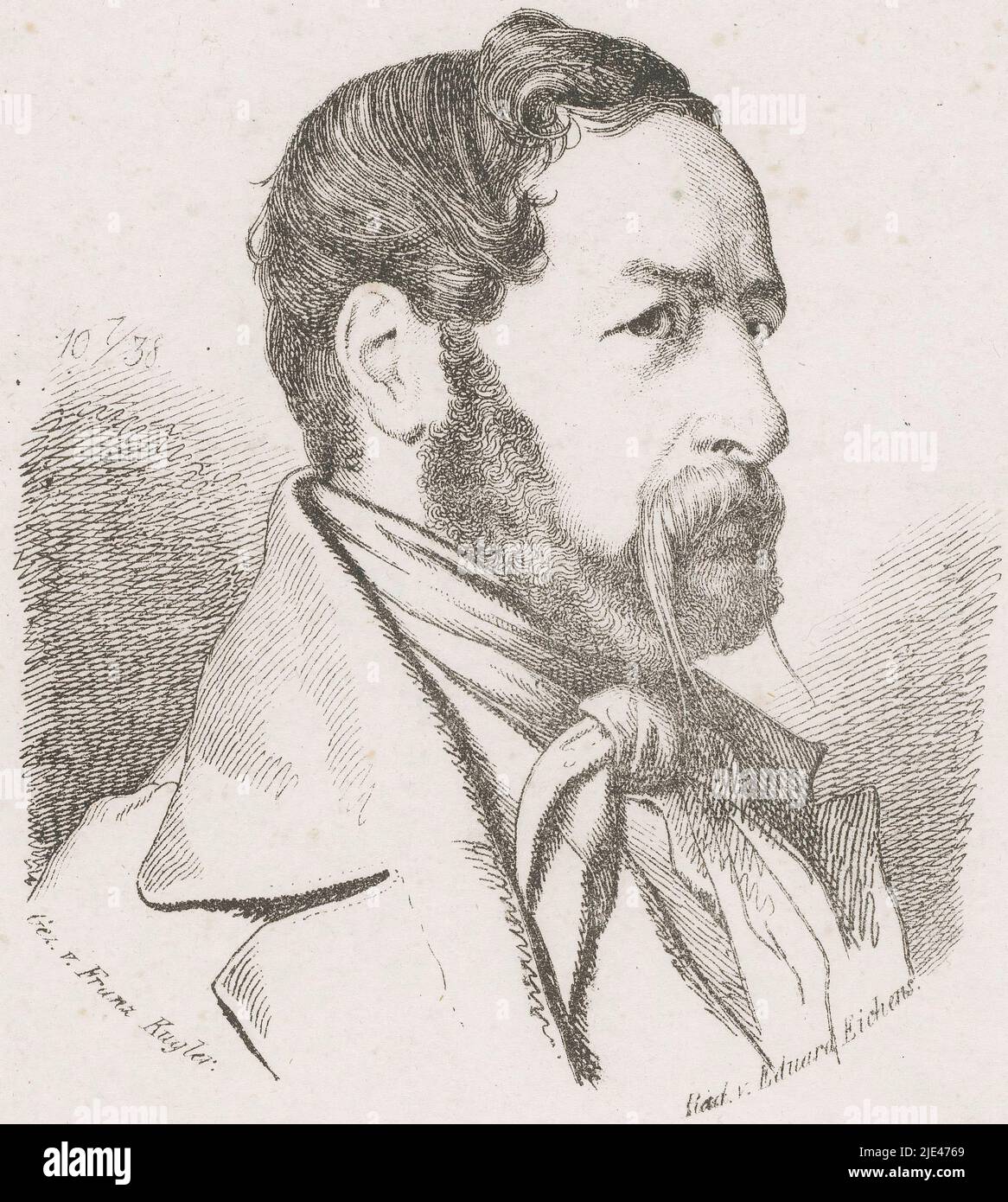 Portrait of Franz of Gaudy at age 38, Eduard Eichens, after Franz Kugler, 1838 - 1877, print maker: Eduard Eichens, (mentioned on object), intermediary draughtsman: Franz Kugler, (mentioned on object), 1838 - 1877, paper, etching, h 211 mm - w 139 mm Stock Photo