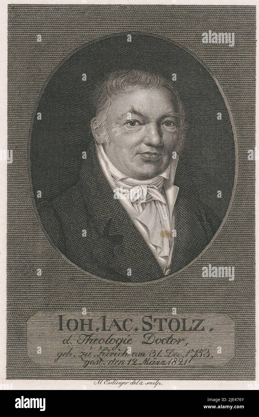 Portrait of Johann Jacob Stolz, Martin Esslinger, 1803 - 1821, print maker: Martin Esslinger, (mentioned on object), intermediary draughtsman: Martin Esslinger, (mentioned on object), Johann Jacob Stolz, (mentioned on object), 1803 - 1821, paper, steel engraving, h 186 mm - w 95 mm Stock Photo