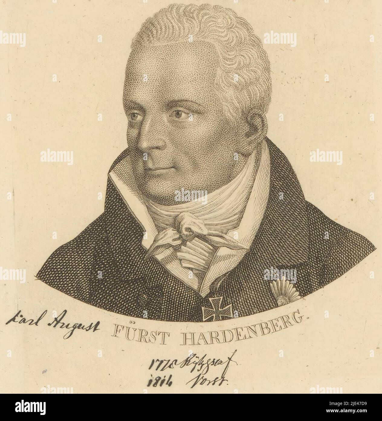 Portrait of Karl August von Hardenberg, Ernst Ludwig Riepenhausen, 1775 - 1840, print maker: Ernst Ludwig Riepenhausen, 1775 - 1840, paper, engraving, h 98 mm - w 88 mm Stock Photo