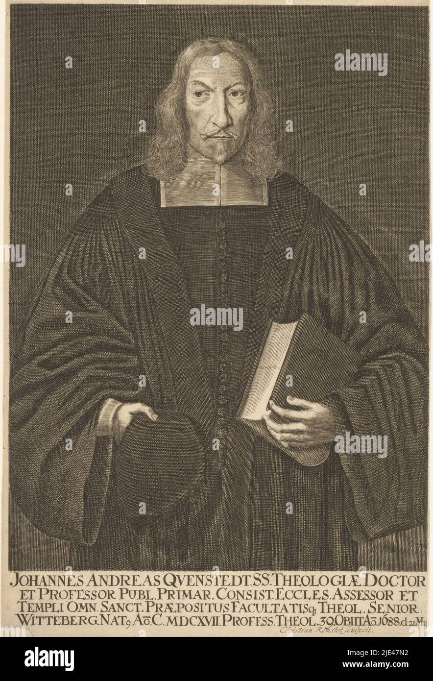Portrait of Johann Andreas Quenstedt, Christian Romstet, 1688 - 1721, print maker: Christian Romstet, (mentioned on object), 1688 - 1721, paper, engraving, h 309 mm, w 206 mm Stock Photo