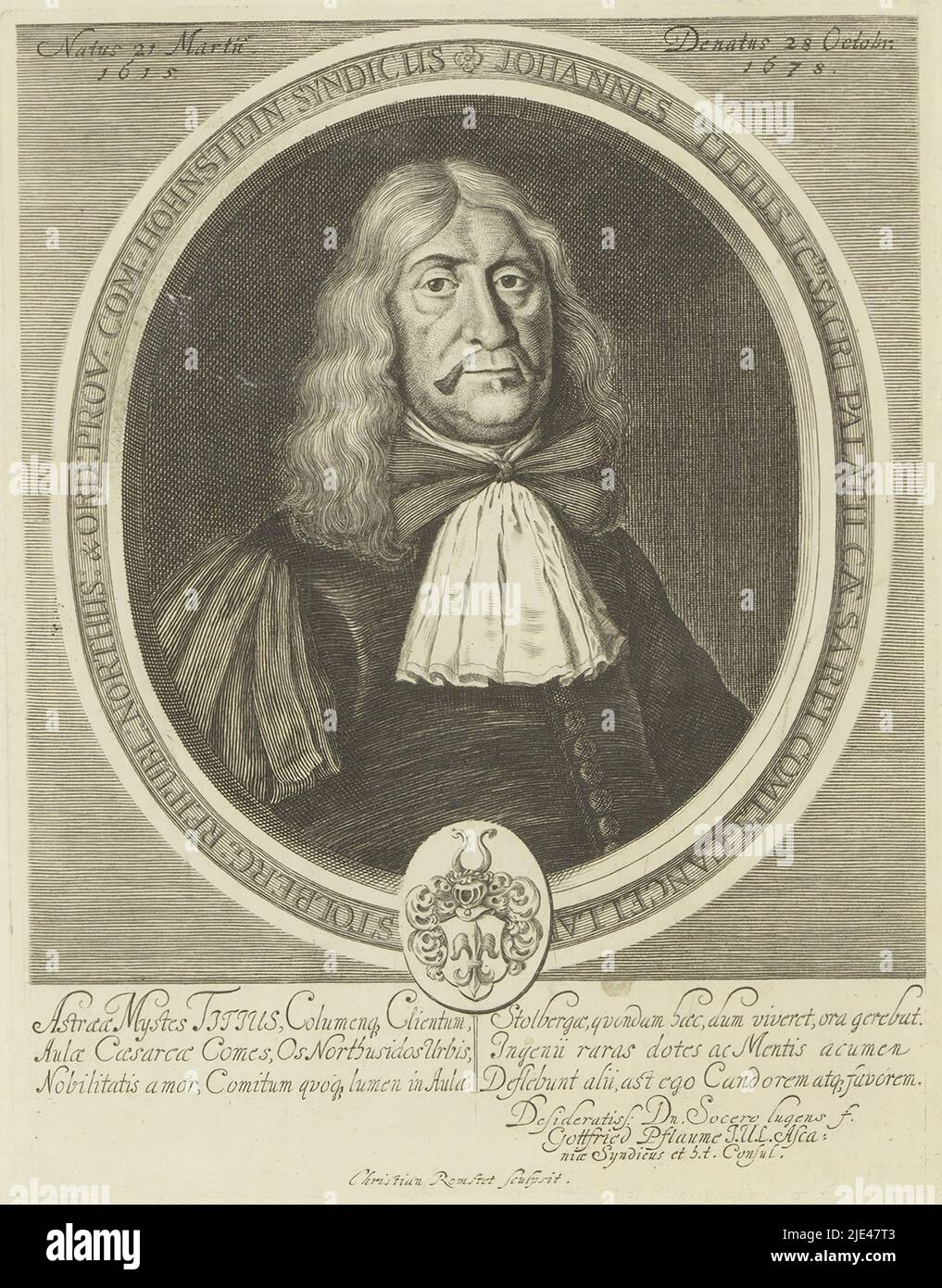 Portrait of Johann Titius, Christian Romstet, 1678 - 1721, print maker: Christian Romstet, (mentioned on object), Gottfried Pflaume, (mentioned on object), 1678 - 1721, paper, engraving, h 185 mm - w 145 mm Stock Photo