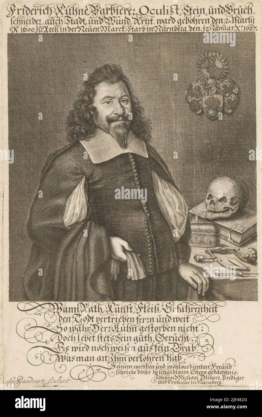 Portrait of Friedrich Kühne, Jakob von Sandrart, c. 1667, print maker: Jakob von Sandrart, (mentioned on object), Johann Michael Dilherr, (mentioned on object), c. 1667, paper, engraving, h 210 mm - w 143 mm Stock Photo
