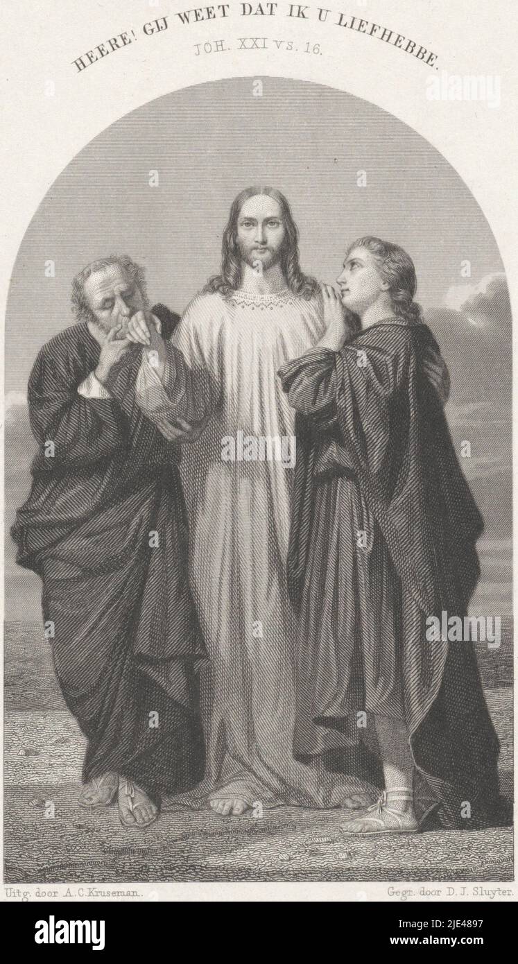 Christ with Peter and John, Dirk Jurriaan Sluyter, in or before 1855, Peter kisses Christ's hand. John looks up at Christ, holding him by the shoulder. Christ embraces John. Above the image the Bible verse John 21:16., print maker: Dirk Jurriaan Sluyter, (mentioned on object), publisher: Arie Cornelis Kruseman, (mentioned on object), print maker: Amsterdam, publisher: Haarlem, in or before 1855, paper, etching, engraving, h 290 mm × w 205 mm Stock Photo