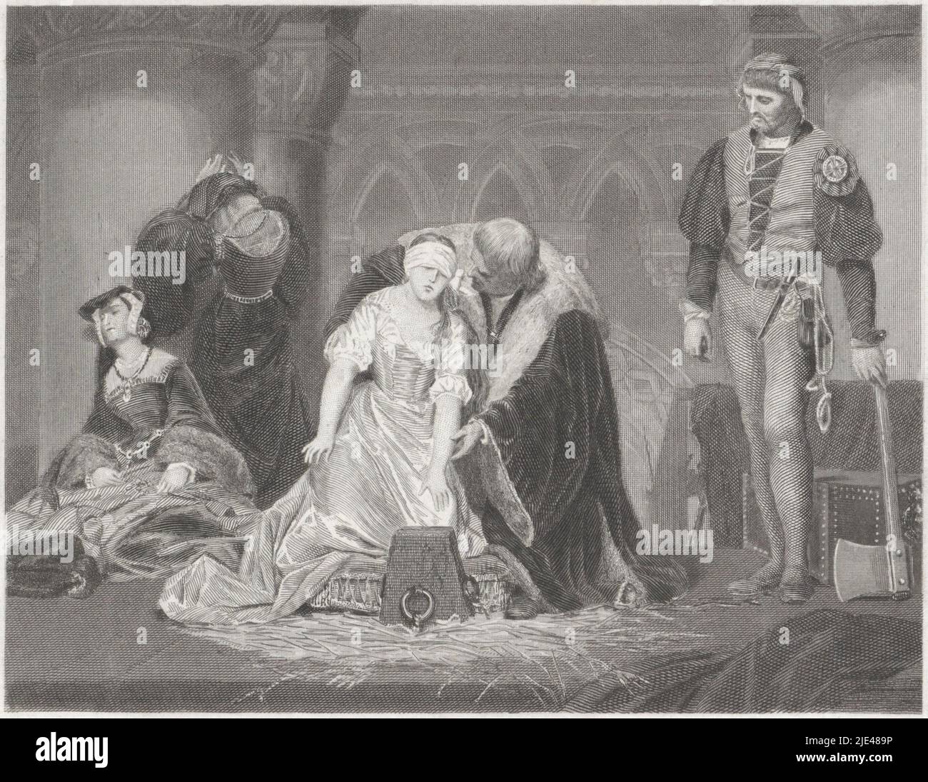 The execution of Lady Jane Grey, Dirk Jurriaan Sluyter (possibly), after Paul Delaroche, 1833 - 1886, Lady Jane Grey is on her knees on a cushion. She is blindfolded and groping forward with her hands. In front of her is a chopping block. A man wearing a rich, fur-trimmed cloak bends over her. Next to her, the executioner stands ready with an axe. In the background two weeping women., print maker: Dirk Jurriaan Sluyter, (possibly), print maker: Christiaan Lodewijk van Kesteren, (possibly), after: Paul Delaroche, Amsterdam, 1833 - 1886, paper, etching, engraving, h 126 mm × w 177 mm Stock Photo