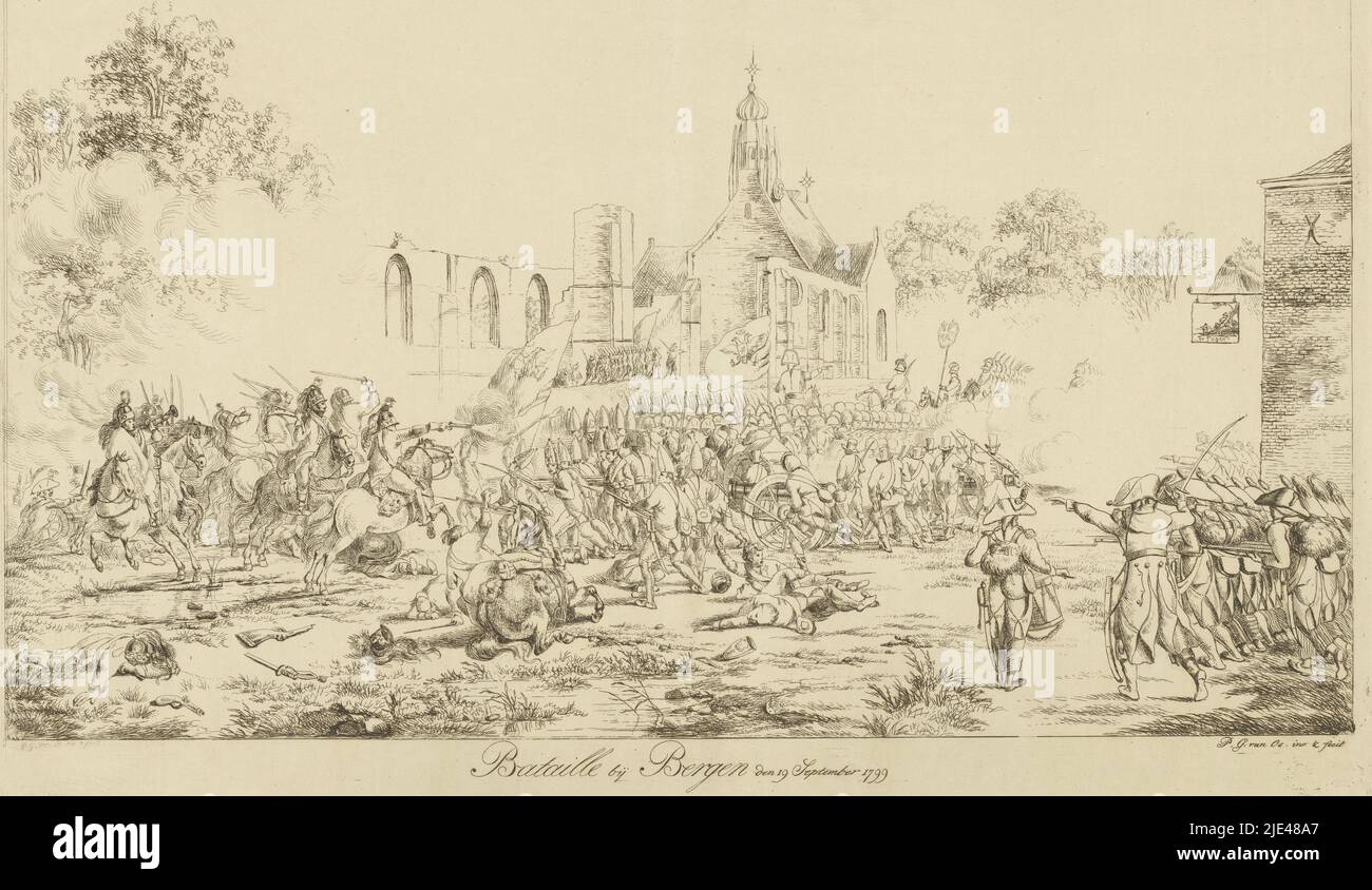 Battle of Bergen, September 19, 1799, Pieter Gerardus van Os, 1799 - 1801, View of the battlefield in the center of Bergen. The French Batavian army is fighting the English and Russians. Front right infantry, front left cavalry. In the background the Bergen ruin church., print maker: Pieter Gerardus van Os, (mentioned on object), Pieter Gerardus van Os, (mentioned on object), Netherlands, 1799 - 1801, paper, etching, h 370 mm × w 472 mm Stock Photo