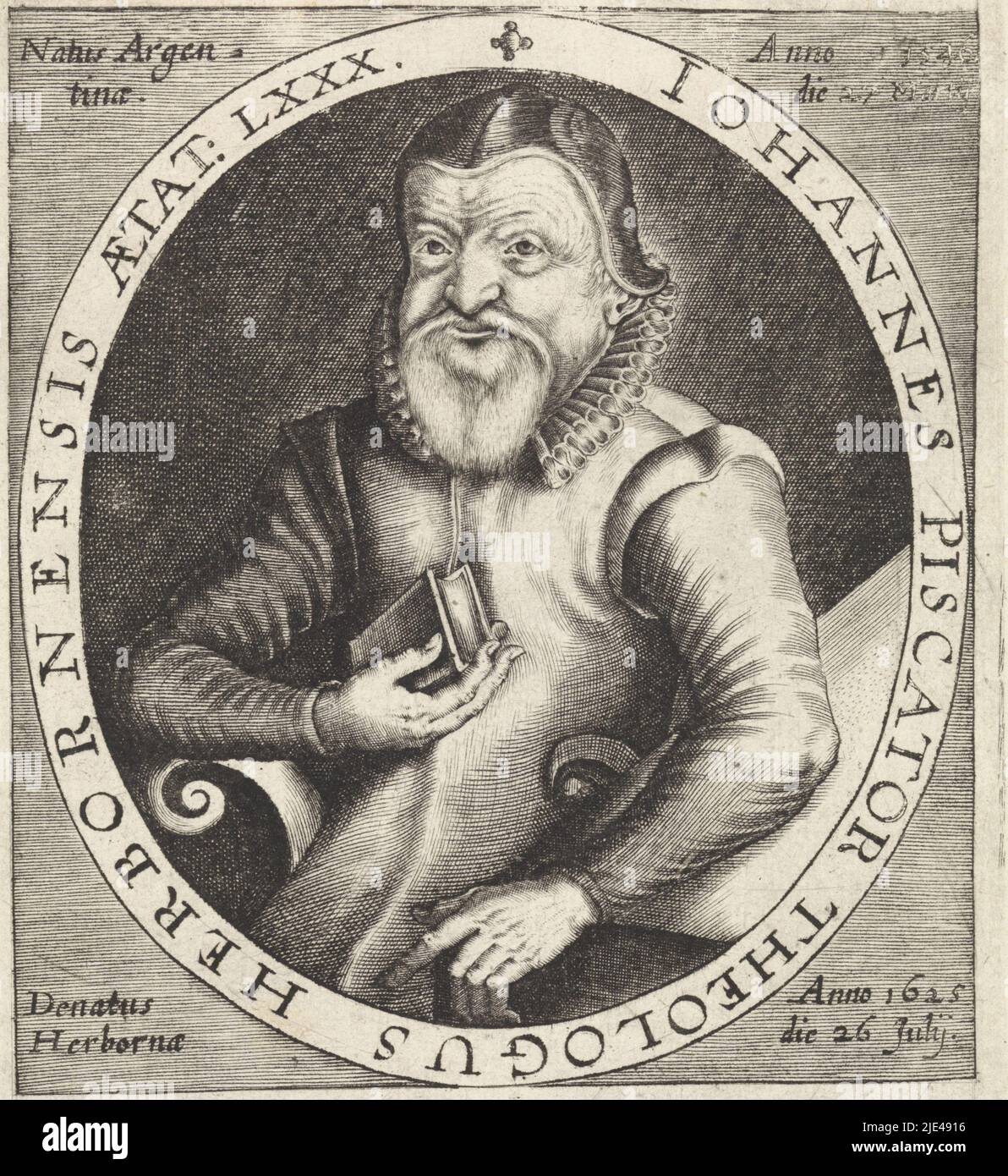 Portrait of John Piscator, Paul de Zetter (attributed to), 1650 - 1669, Portrait of John Piscator, theologian, holding the Bible at age 80. Below a two-line text in Latin. numbered at lower right: V3., print maker: Paul de Zetter, (attributed to), Germany, 1650 - 1669, paper, engraving, h 135 mm × w 105 mm Stock Photo