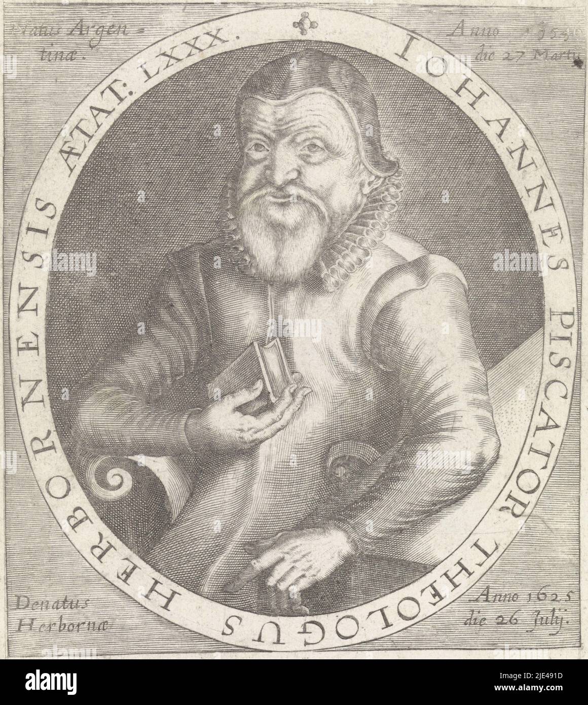 Portrait of John Piscator, Paul de Zetter (attributed to), 1628 - 1645, Portrait of John Piscator, theologian, holding the Bible at age 80. Below is a two-line text in Latin., print maker: Paul de Zetter, (attributed to), Germany, 1628 - 1645, paper, engraving, h 136 mm × w 106 mm Stock Photo