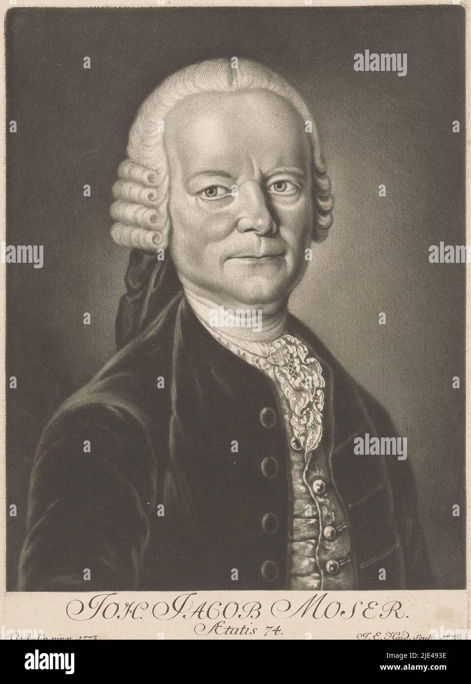 Portrait of Johann Jakob Moser at age 74, Johann Elias Haid, after Johann Georg Oechslin, 1775, print maker: Johann Elias Haid, (mentioned on object), after: Johann Georg Oechslin, (mentioned on object), 1775, paper, etching, h 201 mm - w 145 mm Stock Photo